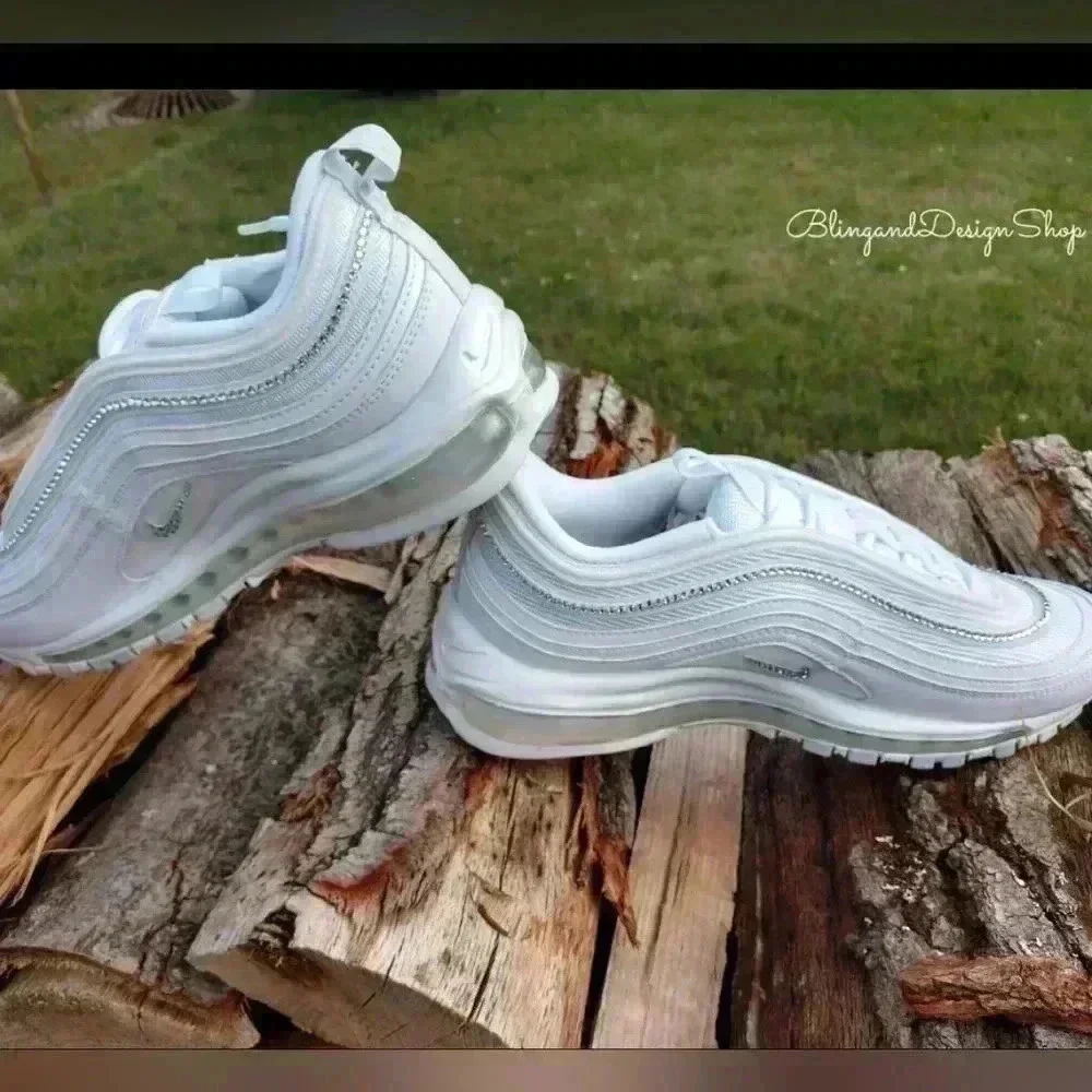 Womens Nike Air Max 97 Shoes All White Custom with Crystals Sneakers